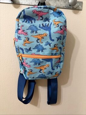 Kids Dinosaur Print Mini Backpack - Light Blue with Orange & Pink Accents